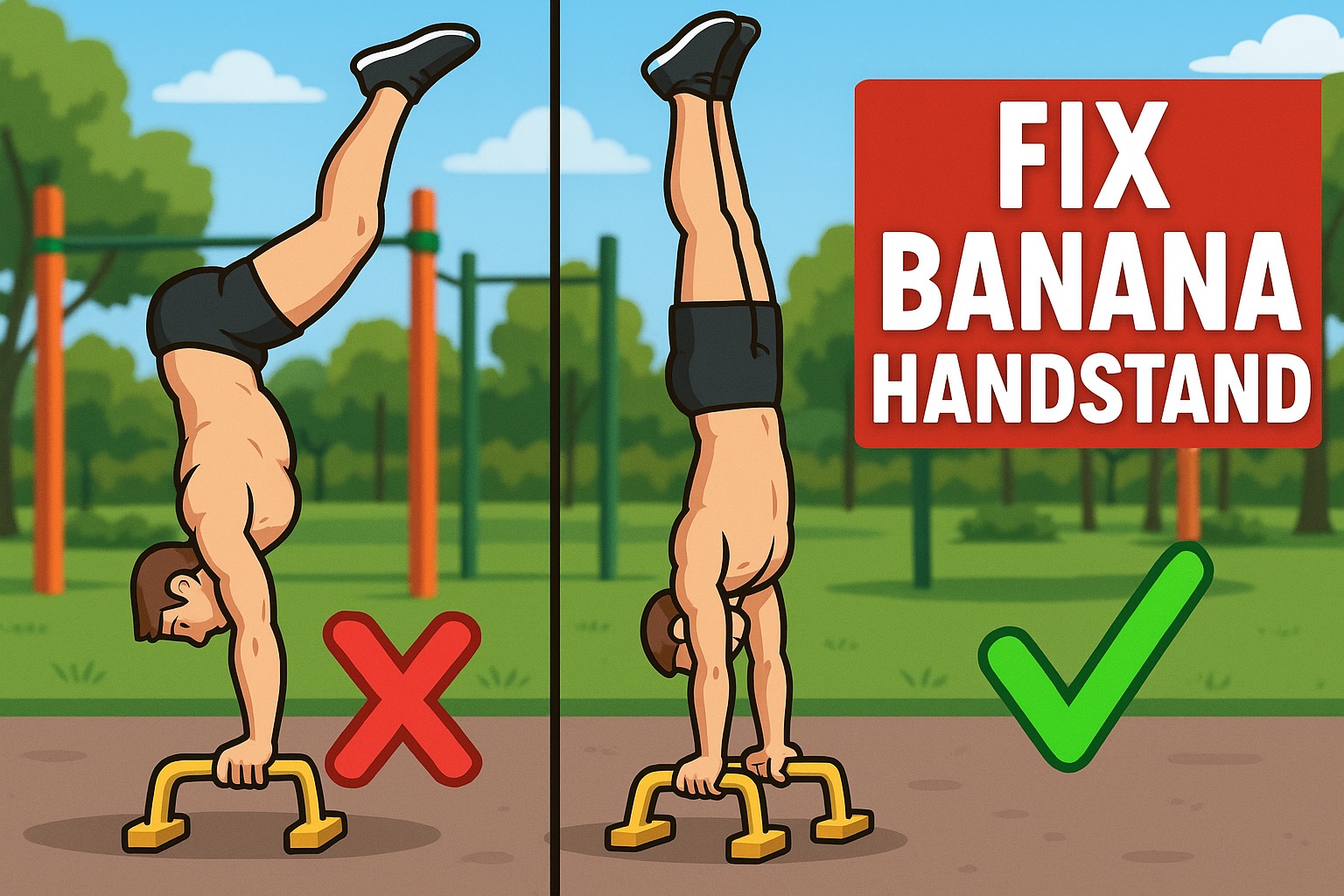 Two cartoon handstands: an arched banana back marked with a cross, a straight one marked with a tick
